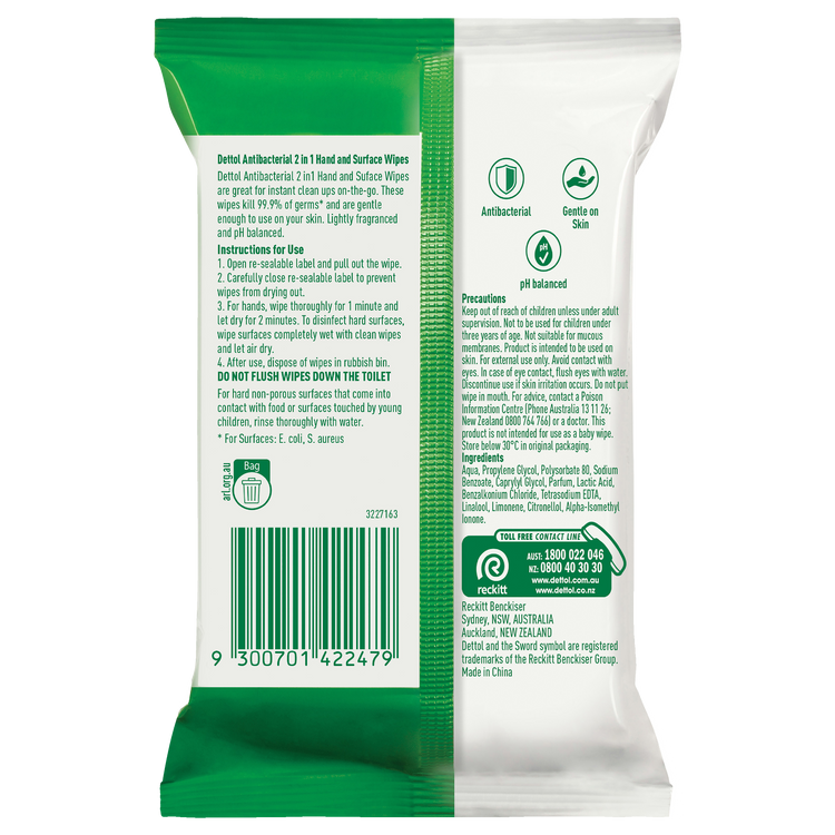 Dettol 2 in 1 Hands and Surfaces Antibacterial Wipes 15pk