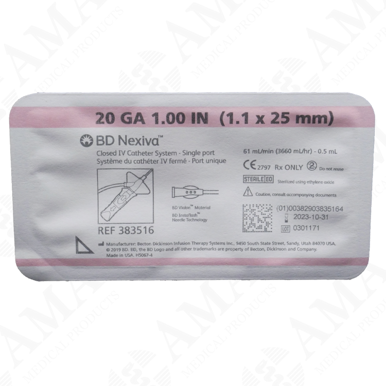 BD Nexiva Closed IV Cannula System Single Port 20G x 1" Pink High Flow