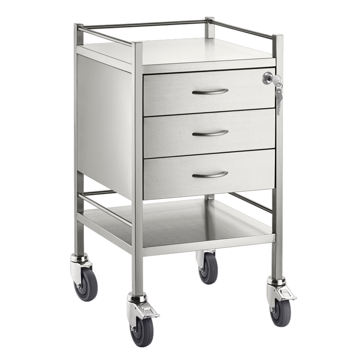 Trolley and Cart Pacific Medical Single Trolley Stainless Steel with Lock 3 Drawer SST03 Lock 1
