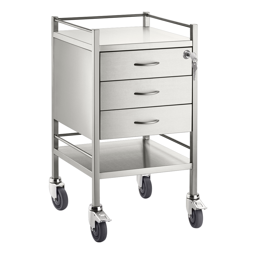 Trolley and Cart Pacific Medical Single Trolley Stainless Steel with Lock 3 Drawer SST03 Lock 1